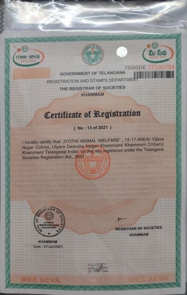 Certificate of Registration No. 13 of 2021 issued by the Registrar of Societies, Khammam
