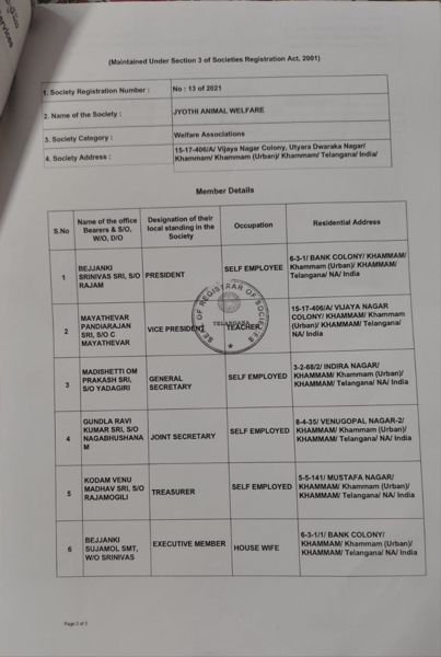 Register of office bearers maintained under Section 3 of the Societies Registration Act 2001