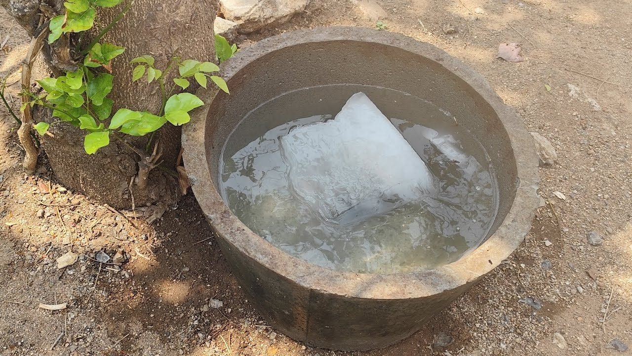 A block of ice melting in a stone water bowl for street dogs